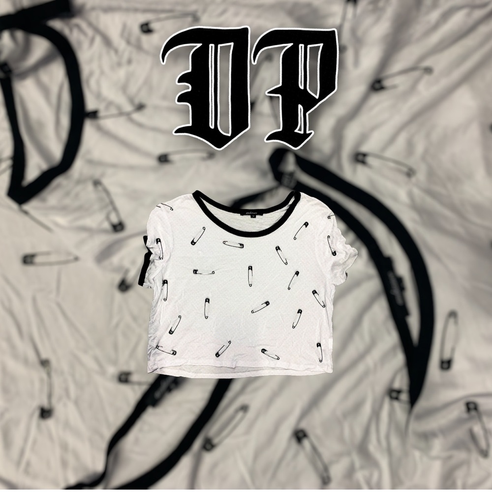 Cropped White T with Black Safety Pin Design! Comes in Small Med and Large